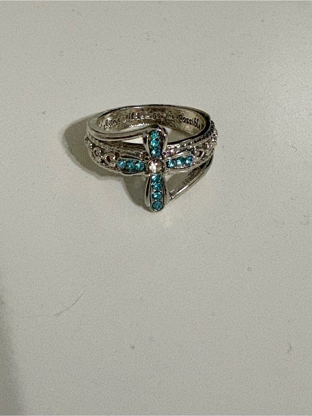 Sterling Silver Cross Ring with Blue Stones